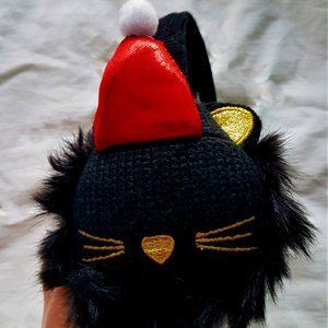 Black Kitten Red Santa Hat Ear Muffs Fun Warm Perfect for Cold Weather